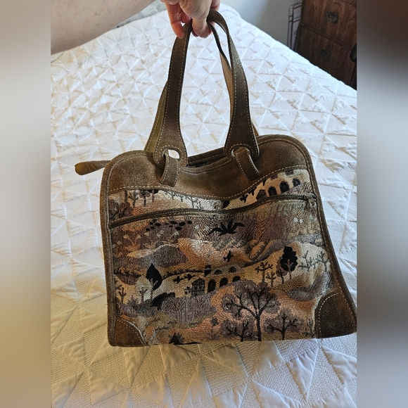 Vintage The French Company Suede Countryside Tapestry Luggage Handbag - Picture 6 of 13